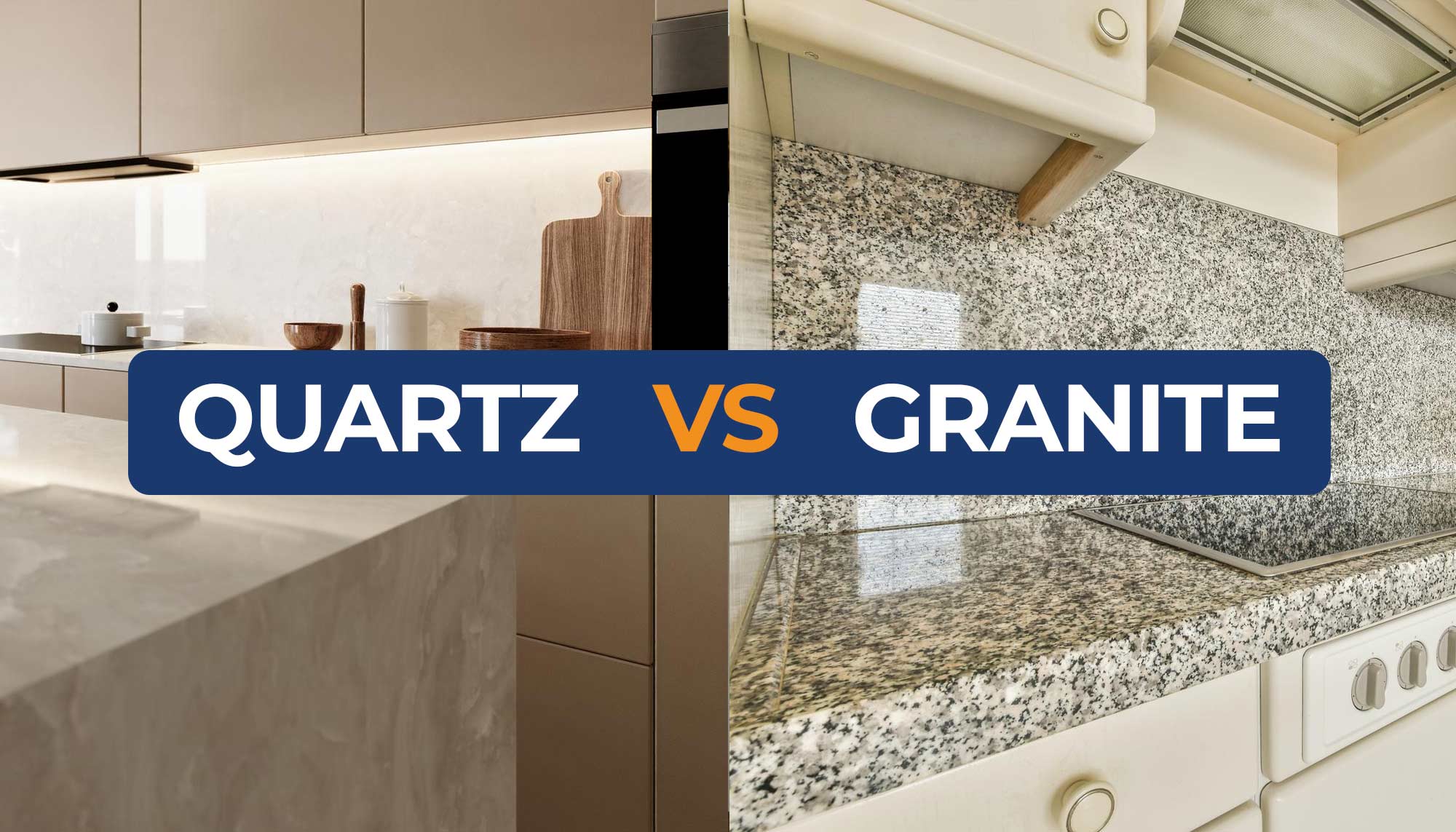 Quartz vs granite countertop comparison, side by side in Metro Atlanta kitchen