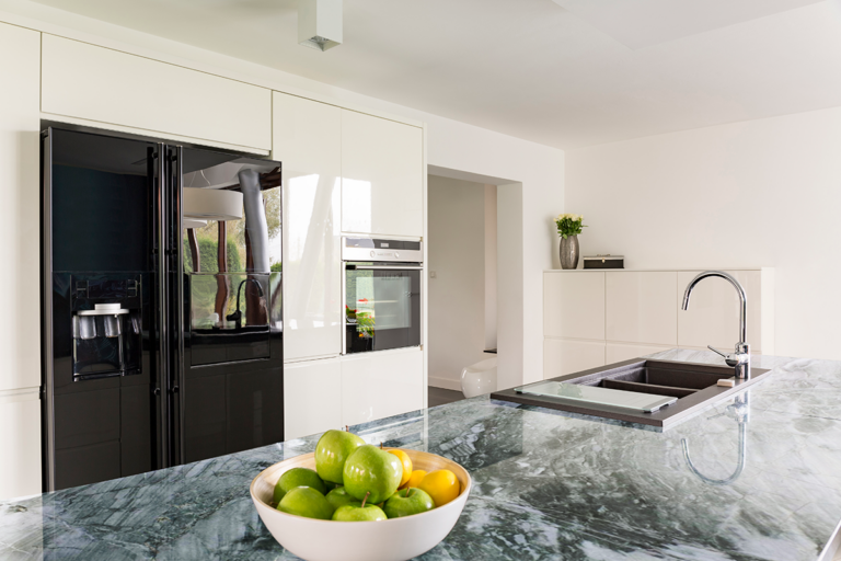Acquatic countertops in a styled room