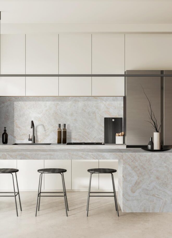 Taj Mahal Quartzite countertops in a styled room