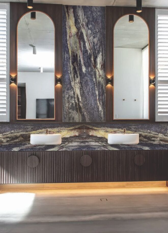 Ava Blue Quartzite countertops in a styled room