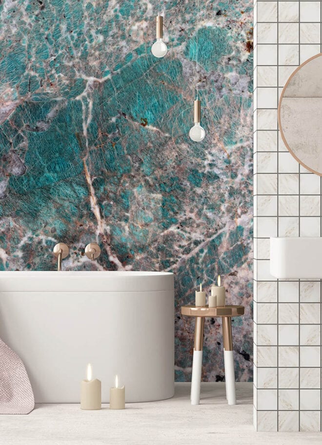 Amazonite Quartzite countertops in a styled room