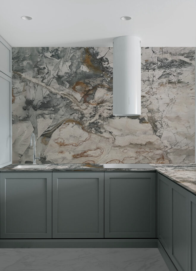 Aquabella Quartzite countertops in a styled room