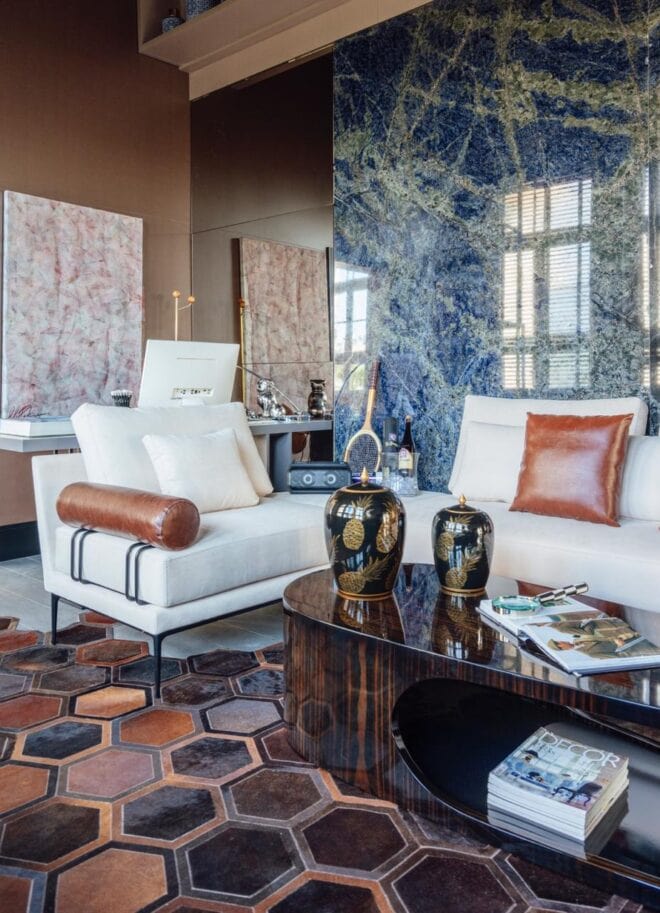 Blue Sodalite countertops in a styled room