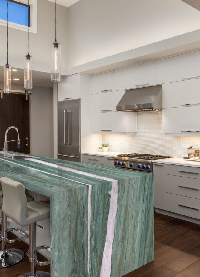 Fuchsite Crystal countertops in a styled room