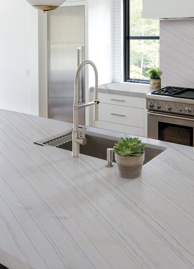 Sea Pearl Quartzite countertops in a styled room