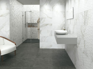 Adella Viso Calacatta 12×24 Satin Wall styled in a finished room