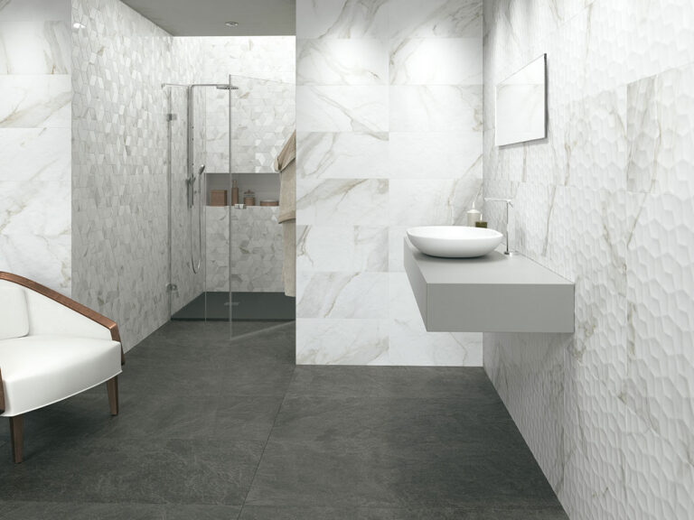 Adella Viso Calacatta 12×24 Satin Wall backsplash in a styled room