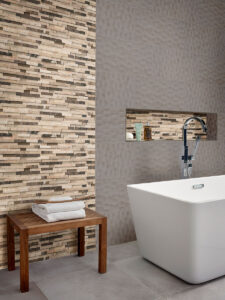 Adella Viso Gris 12×24 Satin Wall styled in a finished room