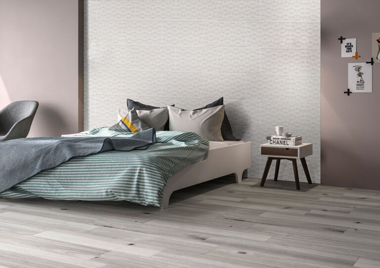 Adella Viso White 12×24 Satin Wall backsplash in a styled room