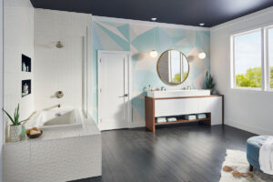 Adella Viso White 12×24 Satin Wall styled in a finished room