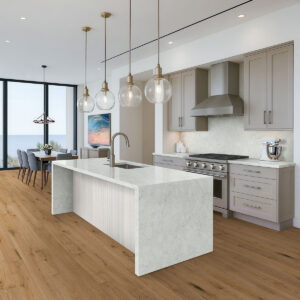 Akoya Pearl 3″ Hexagon Mosaic styled in a finished room