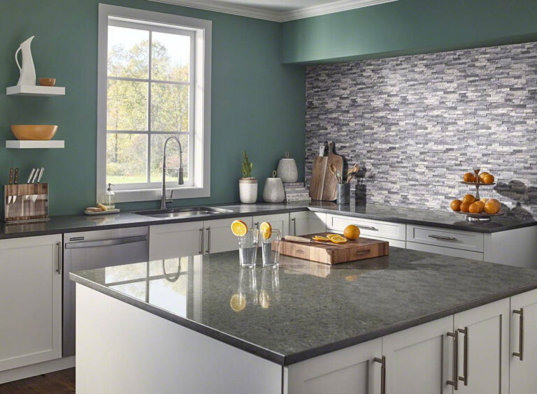 Alaskan Gray Splitface Interlocking Pattern backsplash in a styled room