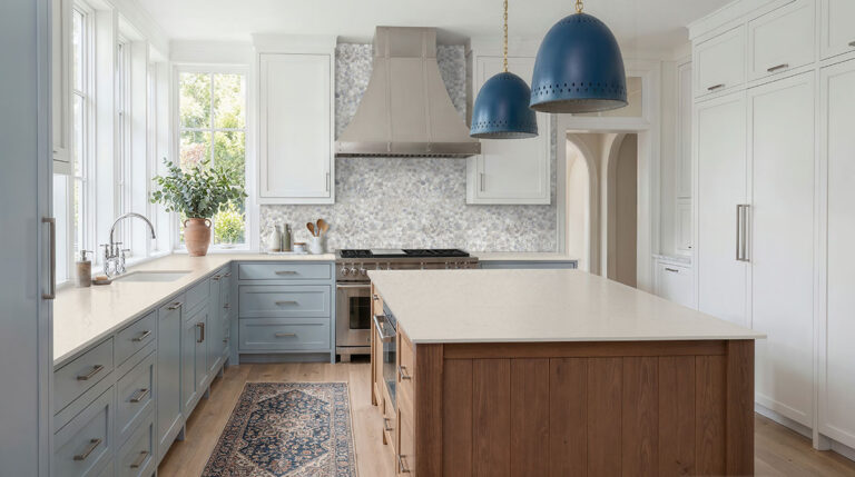 Akoya Pearl 3″ Hexagon Mosaic backsplash in a styled room