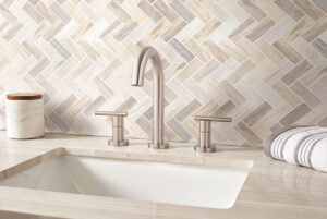 Angora Herringbone Polished styled in a finished room