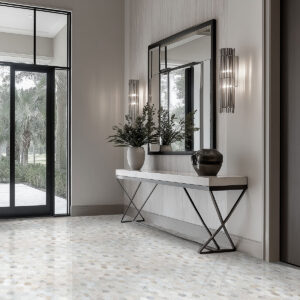Angora Polished 2″ Hexagon Mosaic styled in a finished room