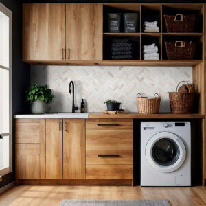 Angora Herringbone Polished styled in a finished room
