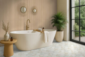 Arabescato Venato Hexagon Honed styled in a finished room