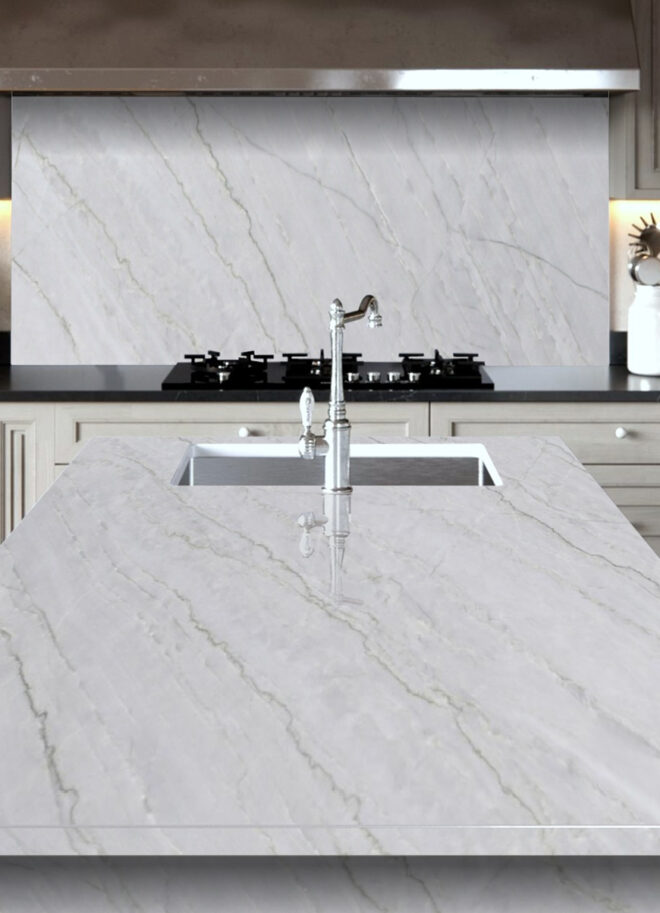 Azzurra Bay Quartzite countertops in a styled room