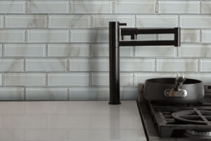 Ivory Amber Beveled Subway 8mm styled in a finished room