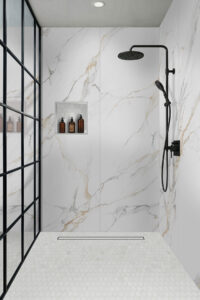 Bianco Dolomite 2″ Hexagon Mosaic styled in a finished room