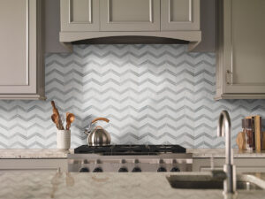 Bianco Dolomite Chevron Polished Marble styled in a finished room