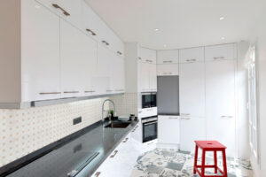 Bianco Dolomite Crema Dotty Polished Marble Mosaic styled in a finished room