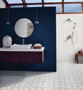 Bianco Dolomite Dotty Pattern Mosaic styled in a finished room