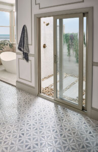 Bianco Dolomite Dotty Pattern Mosaic styled in a finished room