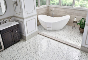 Bianco Dolomite Geometrica Polished styled in a finished room