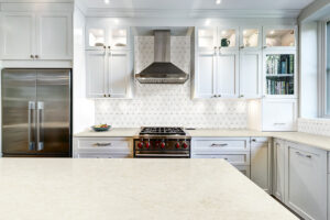 Bianco Dolomite Pinwheel Polished Marble Mosaic styled in a finished room
