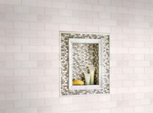 Bianco Dolomite Polished Subway Tile 3×6 styled in a finished room