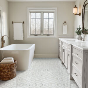 Bianco Starlite Polished Marble Mosaic styled in a finished room