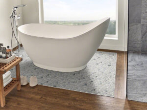 Black and White Pebbled Tumbled Pattern styled in a finished room