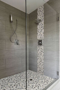 Black and White Pebbled Tumbled Pattern styled in a finished room