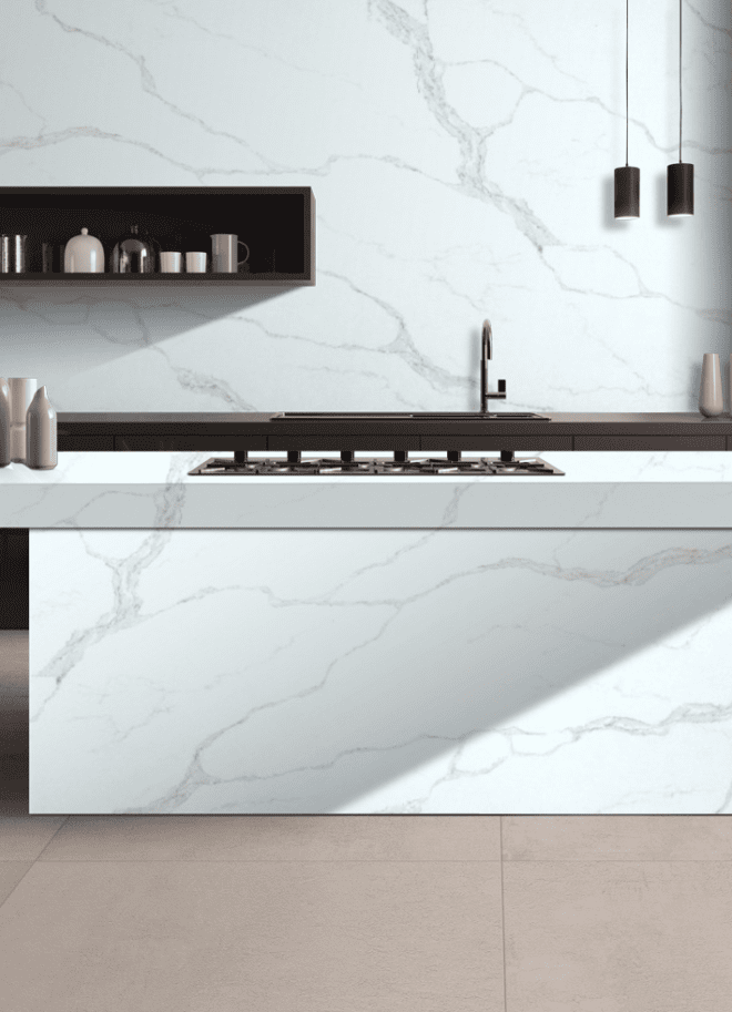 Bookmatched Island countertops in a styled room