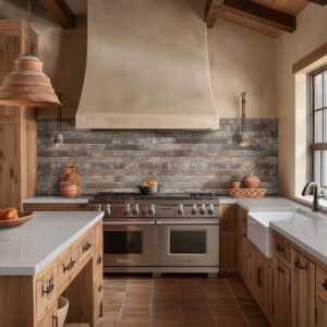 Brickstone Rustique Red Brick 2×18 styled in a finished room