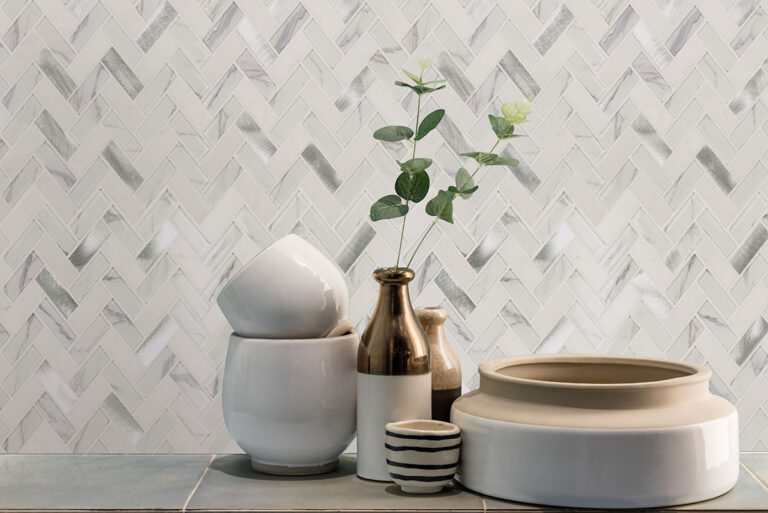 Bytle Bianco Herringbone 6mm backsplash in a styled room