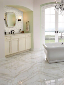 Calacatta Gold 2” Hexagon Mosaic styled in a finished room