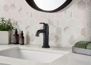 Pietra Calacatta 2” Hexagon Mosaic styled in a finished room