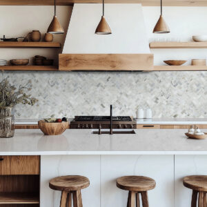 Calacatta Cressa Herringbone Honed styled in a finished room