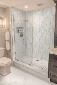Calacatta Gold Matte 2″ Hexagon styled in a finished room