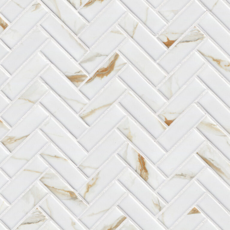 Calacatta Gold Matte 1×3 Herringbone glass backsplash tile