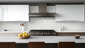 Calacatta Gold Matte 1×3 Herringbone styled in a finished room