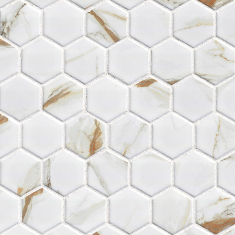 Calacatta Gold Matte 2″ Hexagon glass backsplash tile