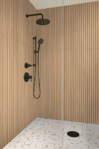 Calacatta Gold Matte 2″ Hexagon styled in a finished room