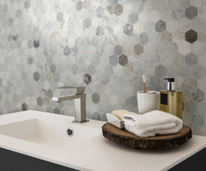 Capri Blue Hexagon Mosaic styled in a finished room