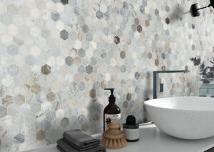Capri Blue Hexagon Mosaic styled in a finished room
