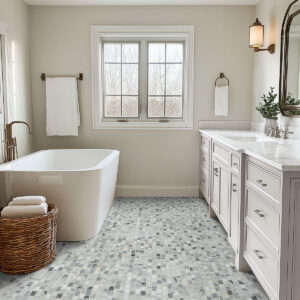 Carrara Classique Brick 1×2 Honed styled in a finished room
