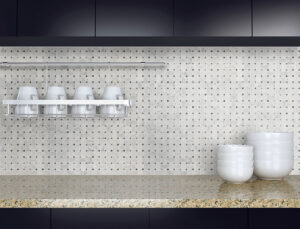 Carrara White Basketweave Pattern Honed styled in a finished room