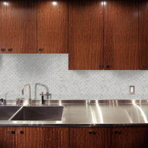 Carrara White Basketweave Pattern Polished styled in a finished room